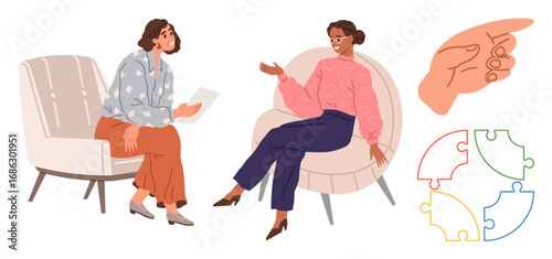 Two women sitting on chairs and having a conversation, interactive puzzle pieces, and pointing hand signifying discussion, problem-solving, connection, guidance, support, collaboration. Ideal