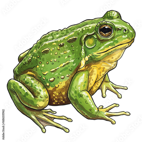 A detailed watercolor vector illustration of a vibrant green bullfrog sitting peacefully on a clean solid white background. Realistic amphibian art