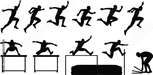 Black silhouette vector illustration set of athletes performing long jump, hurdle, high jump, and pole vault for sports, training, and design