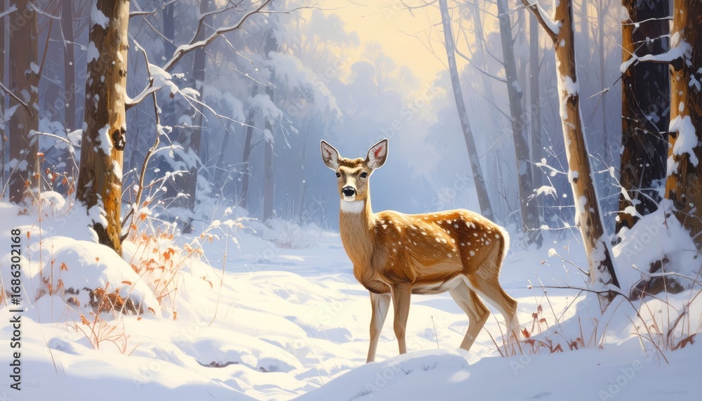 Fototapeta premium A serene winter scene portrays a deer in a snowy forest, bathed in warm sunlight.