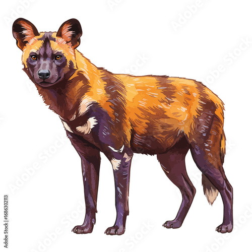 Detailed watercolor vector illustration of a majestic African wild dog standing proudly, isolated on a clean solid white background