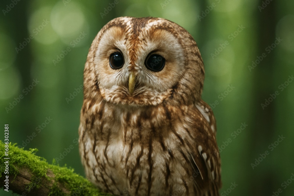 Fototapeta premium Tawny owl with deep black eyes sits on green mossy branch, captured in natural style, set against a blurred forest background, symbolizing wildlife