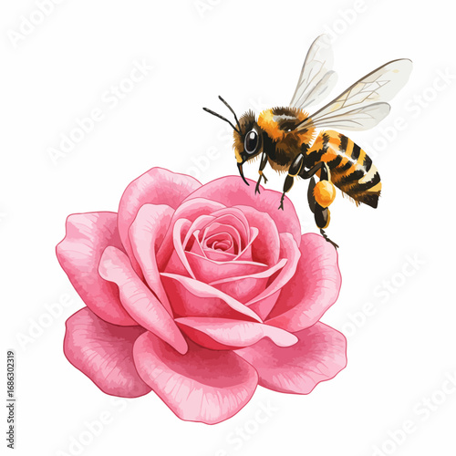 Detailed watercolor illustration of a honeybee with pollen collecting nectar from a delicate pink rose blossom on a white background