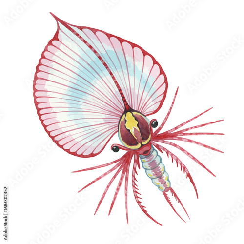 Artistic watercolor vector illustration of a primordial sea creature, a delicate prehistoric arthropod with an ornate fan-like dorsal fin
