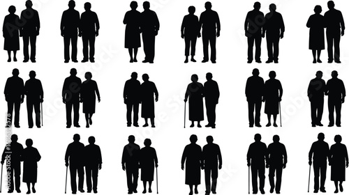 Black silhouette vector illustration set of elderly couples standing together, holding hands, using canes, representing senior love, care, and companionship