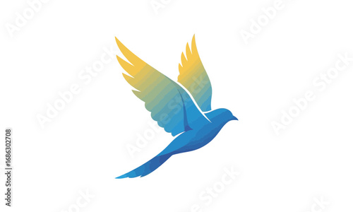 Illustration of a stylized blue bird with yellow tipped wings in flight against a white background art