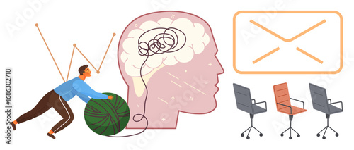 Man rolling green yarn to untangle minds chaos inside a brain, email icon above three office chairs. Ideal for teamwork, creativity, mental clarity, organization, communication, productivity
