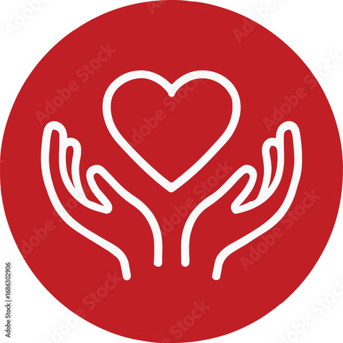 Healthcare Support Icon. Hands Embracing Heart in Red Circle Representing Care, Empathy, and Medical Aid.