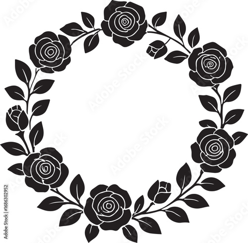  Rose Wreath Silhouette. Black Floral Circle Frame with Leaves Isolated on White