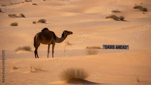 A lone camel stands in the desert near a sign that reads oasis ahead