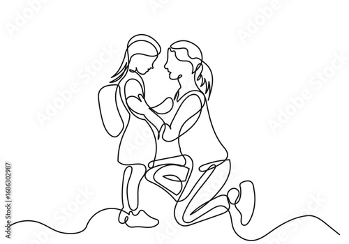 continuous line drawing of a mother kneeling to encourage her daughter, who is wearing a backpack, love, care, and support before going to school.Minimalist black linear isolated on white background.