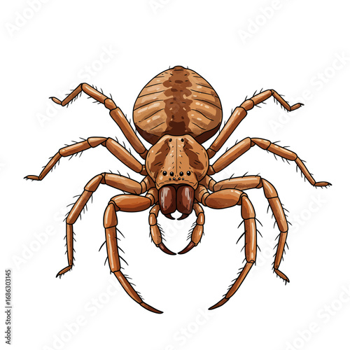 Detailed vector illustration of a large brown tarantula spider. Cartoon arachnid creature with hairy legs and fangs isolated on a white background