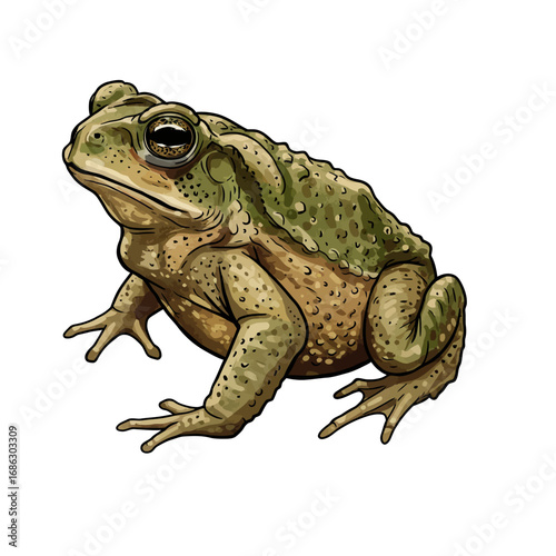 Artistic digital illustration of a large cane toad, Rhinella marina, a notable invasive amphibian species. Realistic vector artwork isolated