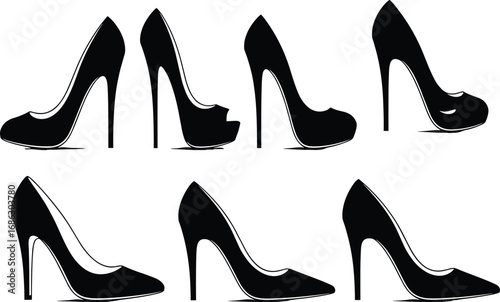 Black silhouette vector illustration set of six high-heeled shoes for fashion, footwear, designer accessories, retail branding, and style reference