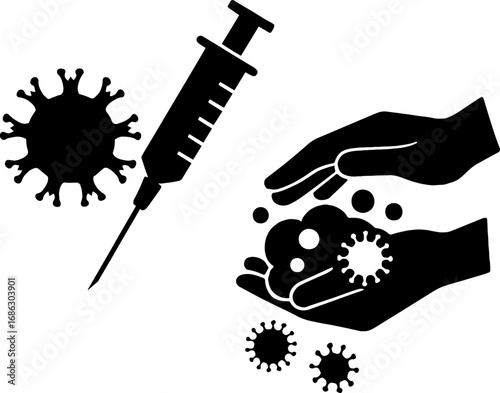 Virus and Vaccine Syringe Silhouette - Hand Washing with Soap Bubbles and Virus Icons With White Background