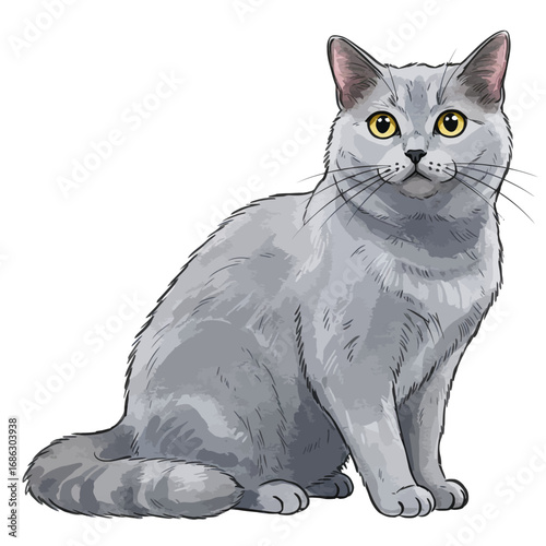 Charming vector illustration of a sitting grey British Shorthair cat. Detailed hand-drawn watercolor style artwork of a domestic feline pet isolated