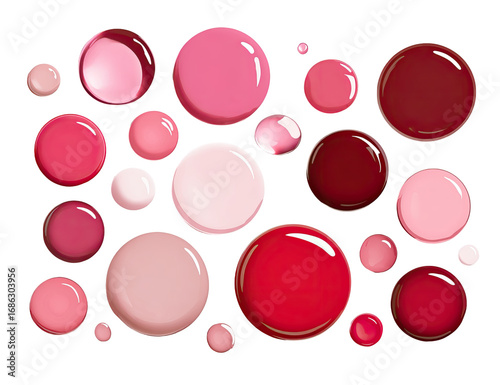 A variety of round, glossy lip colors, in shades of pink, red, and burgundy