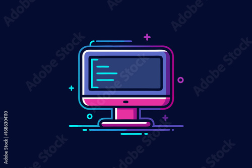 Desktop monitor with glowing neon minimal line technology display screen