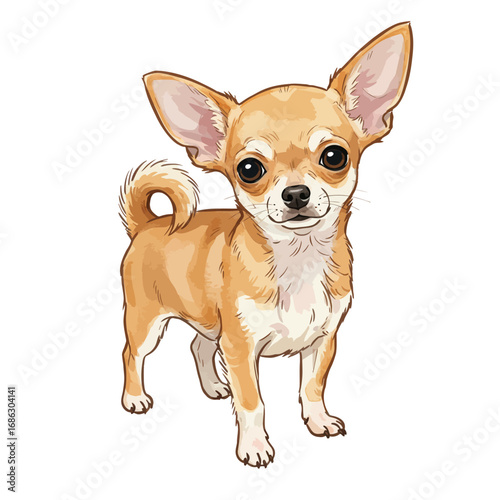 A cute and tiny fawn Chihuahua dog with large ears, illustrated in a beautiful watercolor vector style on a clean white background
