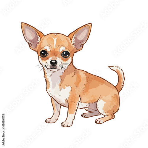 Charming watercolor vector illustration of a cute tan Chihuahua dog. This adorable small toy breed pet is sitting and isolated on a white background