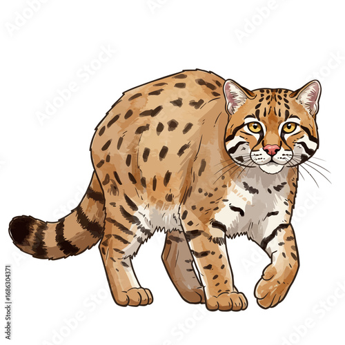 Beautiful hand-drawn ocelot walking, isolated on a white background. Detailed vector illustration of a wild cat with watercolor texture