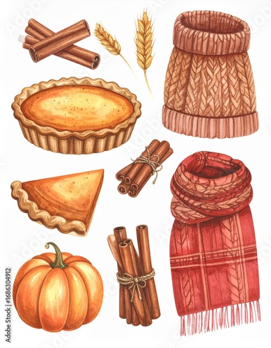 Autumn Harvest Watercolor Pumpkin Pie Cinnamon Wheat Sweater Scarf