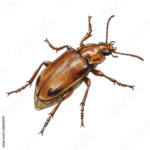 Detailed watercolor vector illustration of a reddish-brown leaf beetle isolated on a solid white background for entomology study