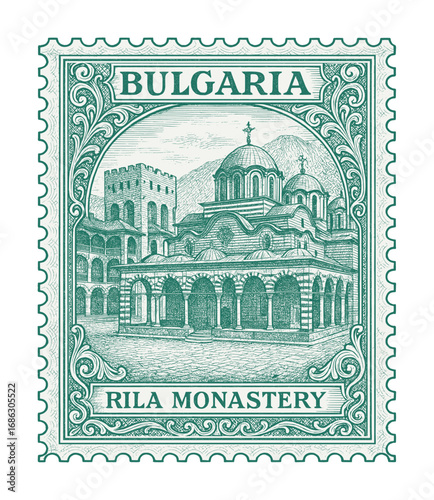 vintage postage stamp depicts rila monastery - bulgaria (sketch drawing)
