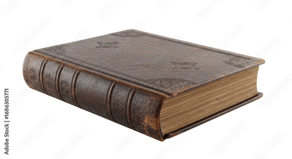 Obraz premium Heavy, ancient, dark brown leather-bound tome, intricately embossed with faded mysterious symbols, worn with patina, on transparent background, ample copy space. Concept of ancient wisdom and