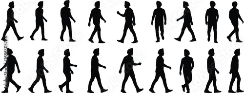 Black silhouette vector illustration set of walking male figures showing human gait cycle for animation, biomechanics, motion study, and urban design