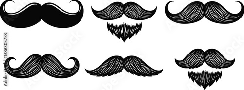 Black silhouette vector illustration set of various mustache and beard styles for grooming, fashion, barbershop, hipster, and male identity design