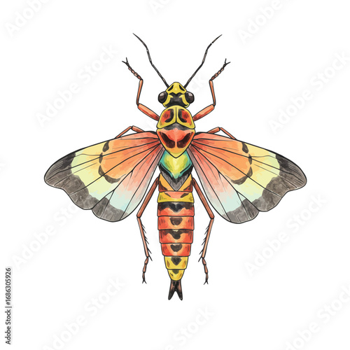 A beautifully detailed watercolor illustration of a colorful lanternfly, an exotic insect with vibrant wings, isolated on a white background
