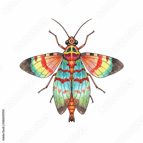 Stunningly detailed watercolor vector image showcasing a brightly colored lanternfly with exotic patterns on its wings, a beautiful entomological study