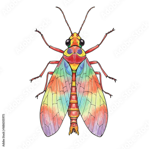 Vibrant watercolor illustration of a stunning insect with prismatic rainbow wings, meticulously detailed and isolated on a white background