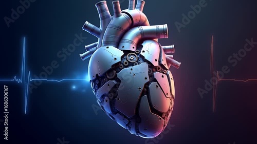 Futuristic robotic heart with gears and glowing circuits pumping energy, symbolizing fusion of technology and life.