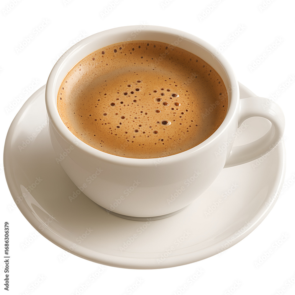 Obraz premium White ceramic cup of hot coffee with foam isolated on transparent background