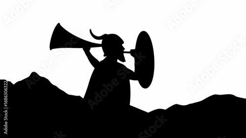 Silhouette of a warrior with horned helmet blowing horn while holding shield on a mountainous landscape