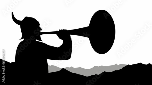 Silhouette of viking blowing horn over mountains against white sky creating a stark and dramatic image