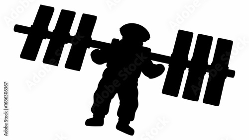 Silhouette of an astronaut lifting a heavy barbell like structure in a weightlifting pose on white background