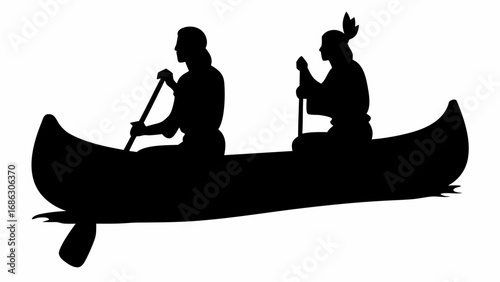 Silhouette of two native american figures paddling a canoe on a white background in a simple vector image