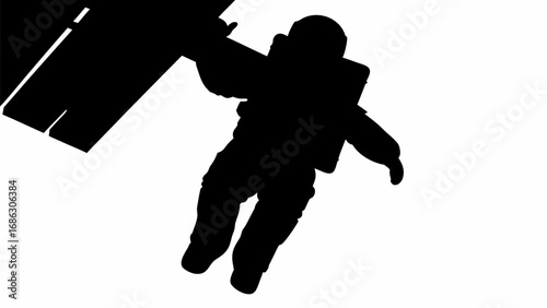 Silhouette of astronaut floating in space with partial view of a spacecraft against white background