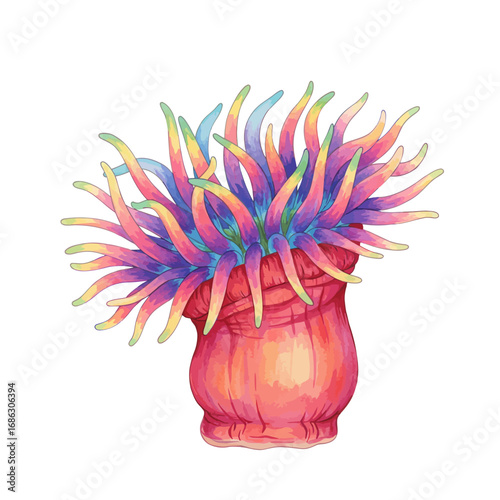 A vibrant watercolor vector illustration of a colorful sea anemone with rainbow tentacles, isolated on a white background for design use
