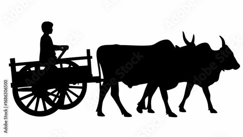 Silhouette of a boy riding an ox cart with two oxen pulling the cart in a rural setting at daytime