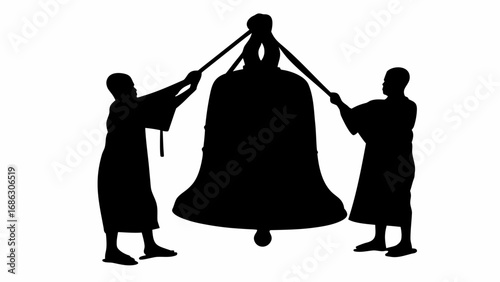 Silhouette of two people ringing a large bell with ropes in a monochrome illustration style image art