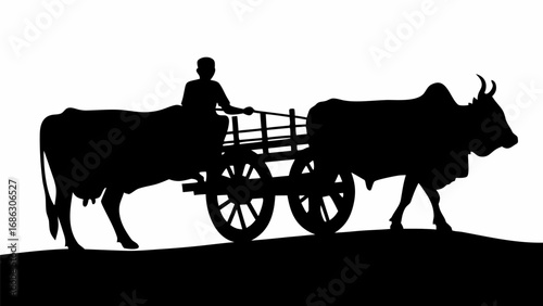 Silhouette of a man riding a bullock cart with two bulls in a rural setting against a white background