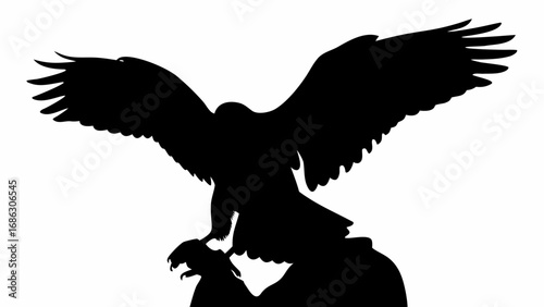 Silhouette of a falcon with outstretched wings perched on a gloved hand in a stark black and white image