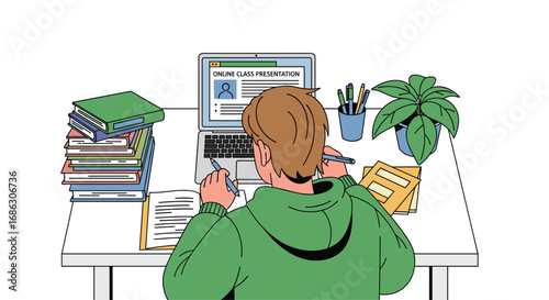 Young student diligently studying online for a virtual class presentation with books and laptop on desk, Generative AI.