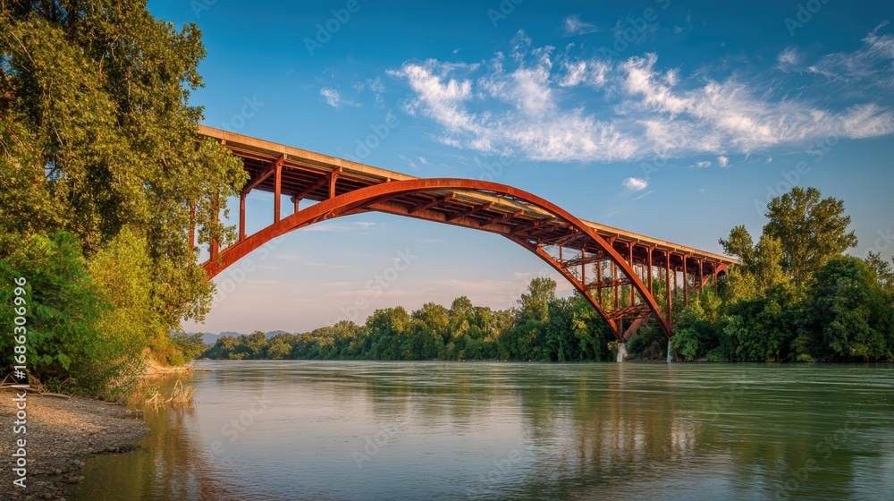 Fototapeta premium Long Rusty Orange Bridge Over Calm River Surrounded by Green Trees Under Blue Sky with Clouds