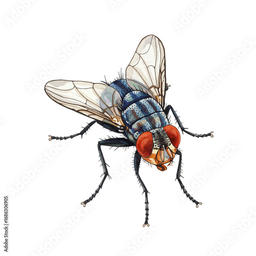 A detailed watercolor style vector illustration of a common housefly, highlighting its vibrant red compound eyes and intricate anatomy on a white background