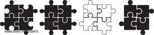 Black and white silhouette illustration of puzzle pieces fitting together, symbolizing teamwork, problem solving, strategy, partnership, connection, creativity, unity, and solutions.